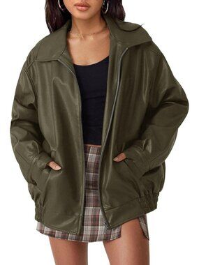 Women's Green Oversized Faux Leather Jacket Fall and Winter Biker Moto Coat